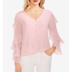Vince Camuto Baby Pink Crepe Ruffle Long Sleeve Button down Top
